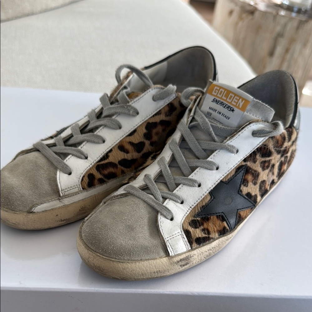 Golden Goose Leopard Haircalf Low-Top Sneakers with Black Star